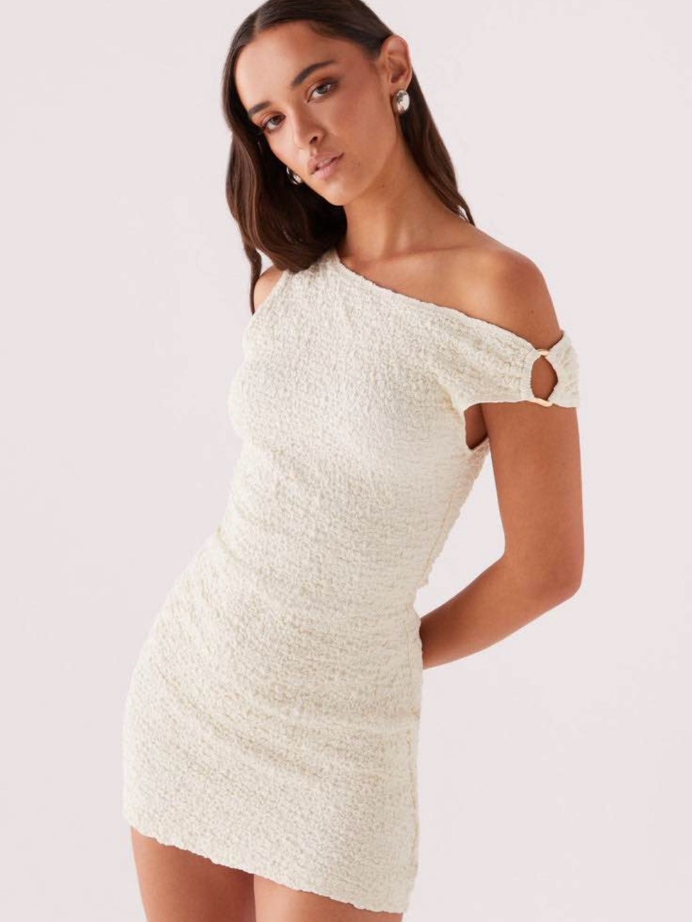 Peppermayo Cream One-Shoulder Textured Mini Dress